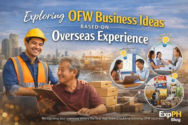 Filipino worker and elderly parent reviewing business plans with city port background and small business idea visuals representing OFW business opportunities based on overseas experience.
