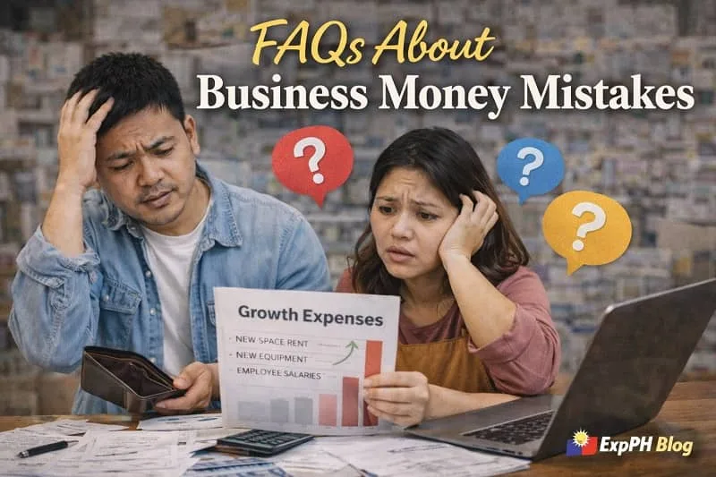 Filipino small business owners discussing financial questions with documents and laptop, representing FAQs about business money mistakes with ExpPH Blog logo visible