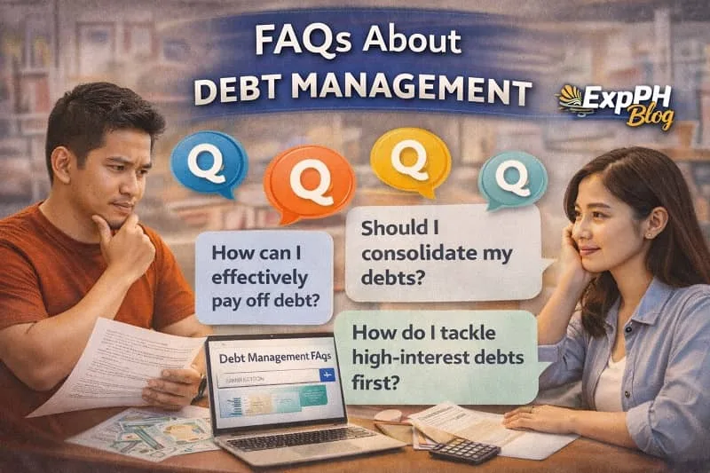 Filipino family discussing common questions about debt management with ExpPH Blog logo
