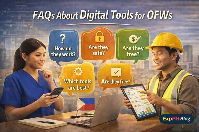 Digital Tools for OFWs Filipino OFWs using digital tools on smartphones, tablets, and laptops while viewing frequently asked questions about digital tools, with ExpPH Blog logo visible