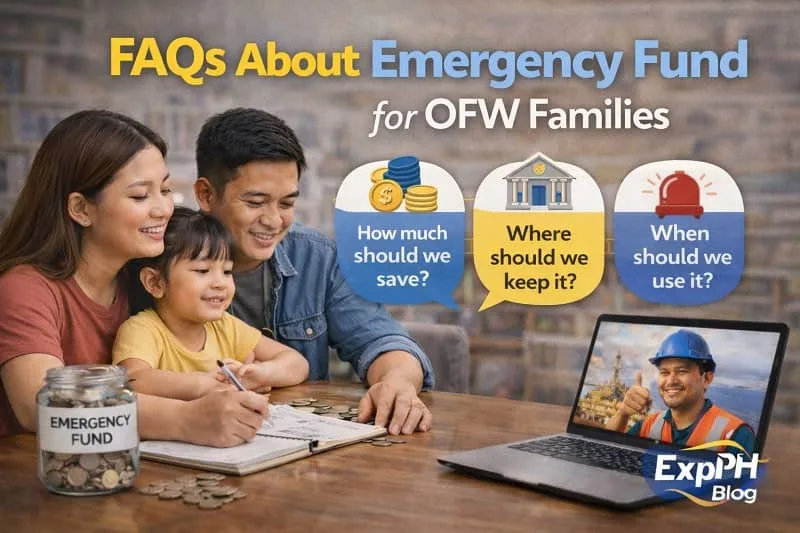 Filipino family discussing emergency fund questions at home while an OFW joins through video call, showing FAQs about emergency fund for OFW families