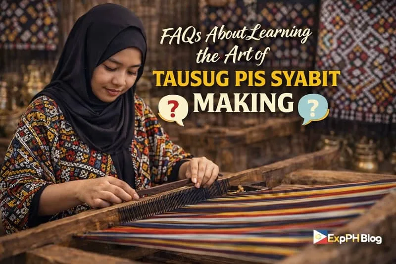 Filipino learner reviewing frequently asked questions about Pis Syabit weaving with traditional Tausug textile background and ExpPH Blog logo