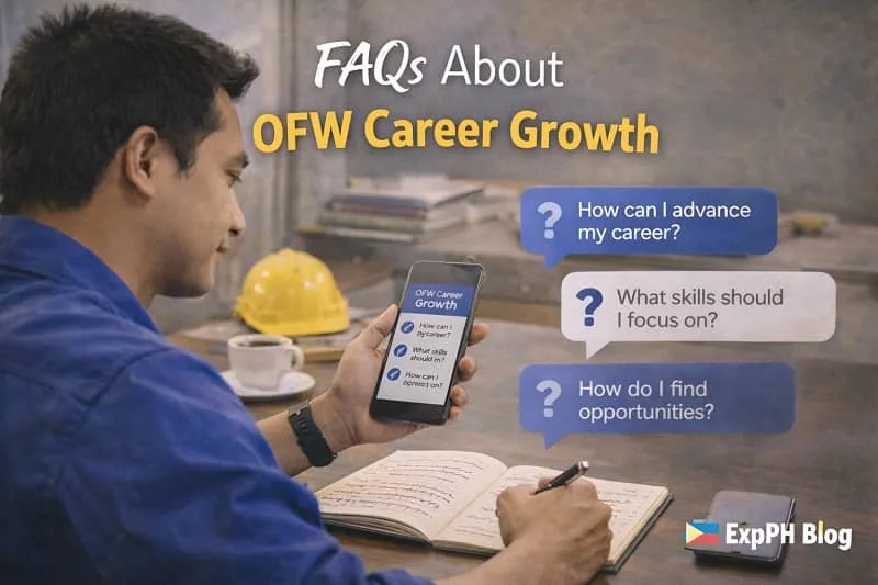 OFW Career Growth Filipino overseas worker reading career growth FAQs on a smartphone while taking notes abroad, showing common OFW questions with ExpPH Blog logo visible