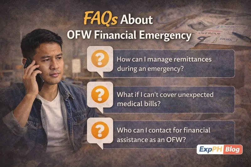 OFW reviewing common questions about financial emergencies abroad, with remittance and medical expense concerns, and ExpPH Blog logo visible
