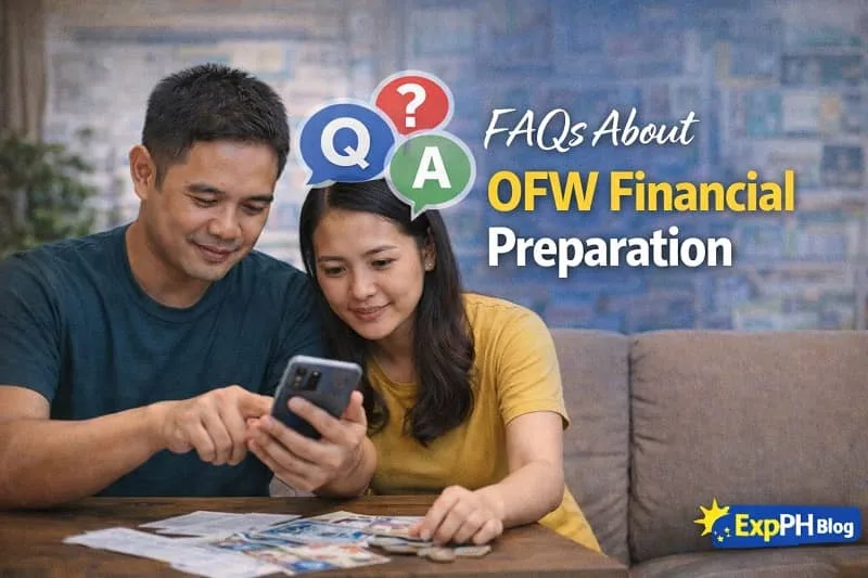 Filipino OFW couple reviewing financial notes and asking questions at home, representing frequently asked questions about OFW financial preparation