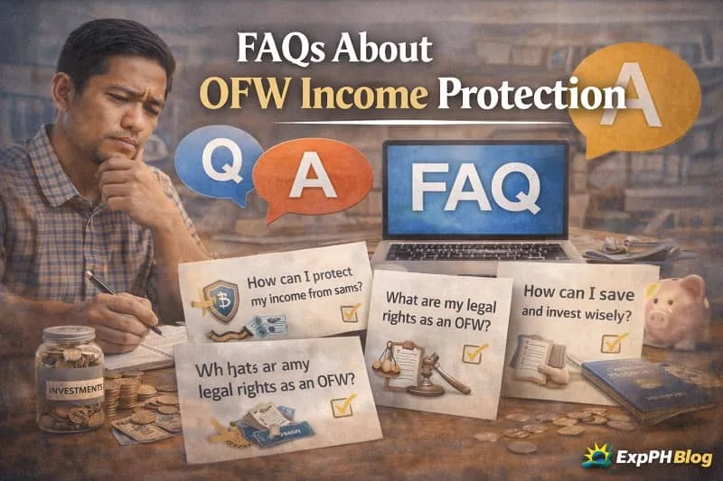 Filipino OFW reviewing common questions about income protection, savings, legal rights, and financial decisions while working abroad