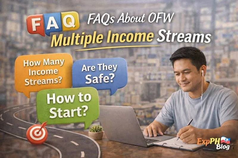 Filipino OFW using a laptop with question icons, representing FAQs about OFW multiple income streams and safe income planning