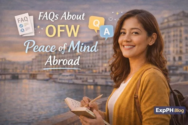 Filipina OFW smiling abroad with FAQ icons, representing common questions about OFW peace of mind while living overseas
