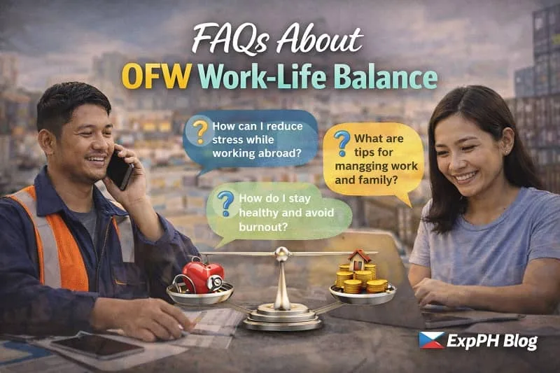 Filipino OFWs reviewing frequently asked questions about work-life balance, health, and work pressure abroad