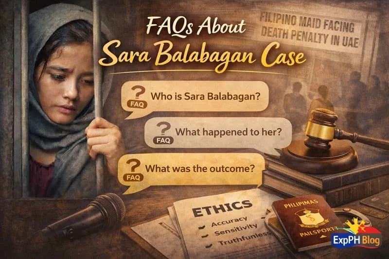 Realistic image showing a Filipino woman symbolizing OFW hardship, legal symbols, question prompts, and educational elements representing frequently asked questions about the Sara Balabagan Case