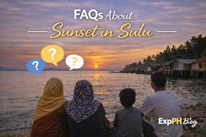 Filipino family watching the sunset in Sulu with question icons representing common questions about sunset watching