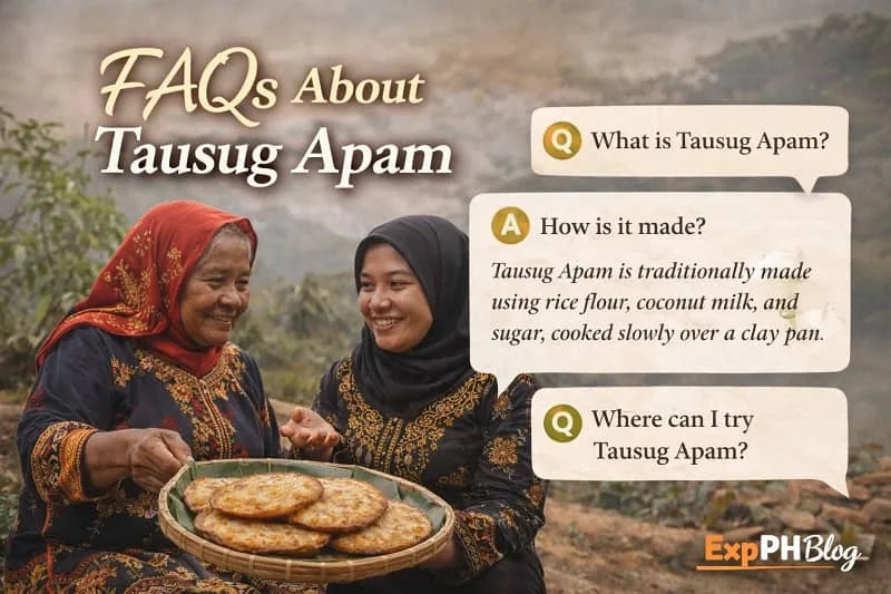 Tausug women holding a tray of Apam while discussing common questions, representing FAQs about Tausug Apam and Filipino food culture.