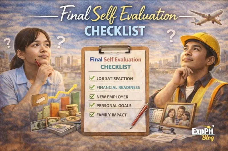 Filipino OFW reviewing a final checklist with documents, savings, and job offer before changing jobs abroad