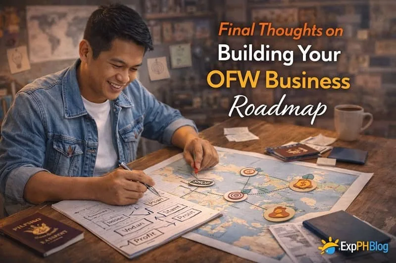 Filipino man planning his OFW business roadmap using a map, notes, and financial tools at a desk