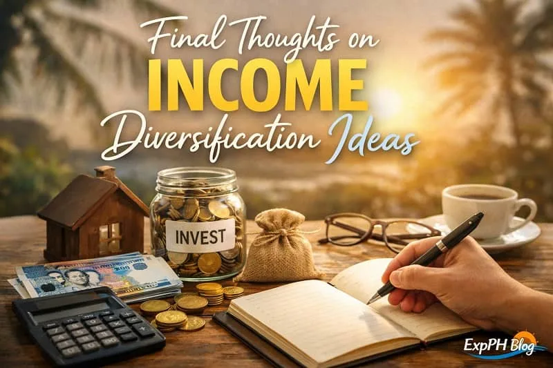 Filipino professional planning multiple income streams using laptop, notebook, and small business items, representing income diversification ideas in a realistic setting
