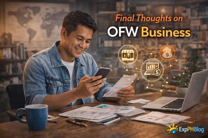 Filipino man managing an OFW business using a smartphone and laptop while reviewing financial documents at home