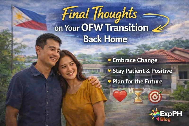 Filipino OFW couple smiling in front of their home with Philippine flag and ExpPH Blog logo during transition planning