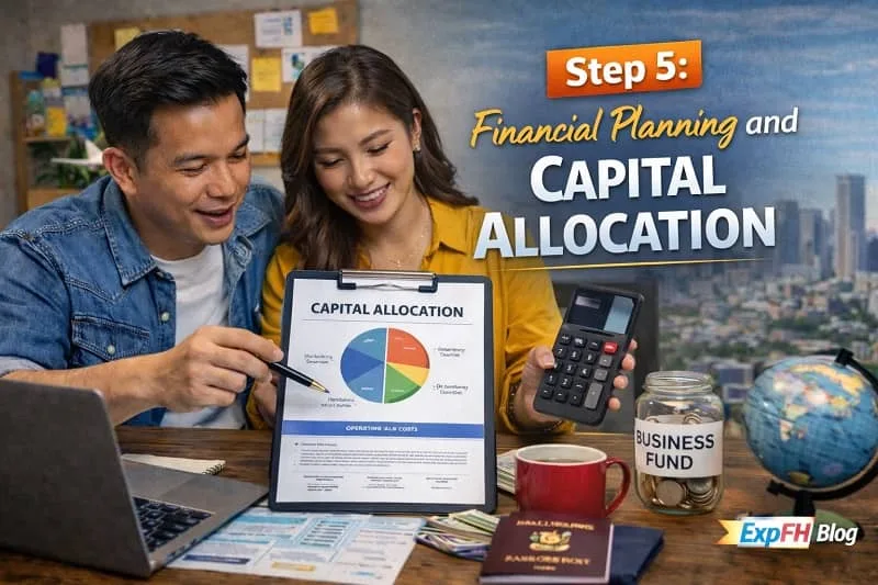 Filipino couple calculating business budget with laptop, calculator, cash, and notebook while planning financial allocation with ExpPH Blog logo visible