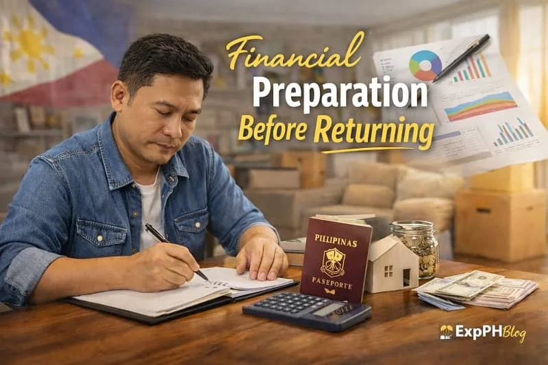 Filipino OFW reviewing savings, budget notebook, calculator, and Philippine passport at home, Financial Preparation Before Returning with ExpPH Blog logo