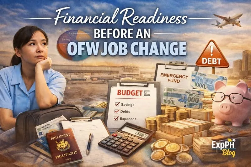 Filipino OFW reviewing savings, budget notebook, calculator, passport, and money before changing jobs abroad