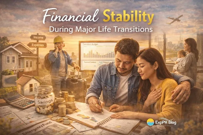 Filipino couple planning finances and saving money during major life transitions with OFW departure scene and ExpPH Blog logo