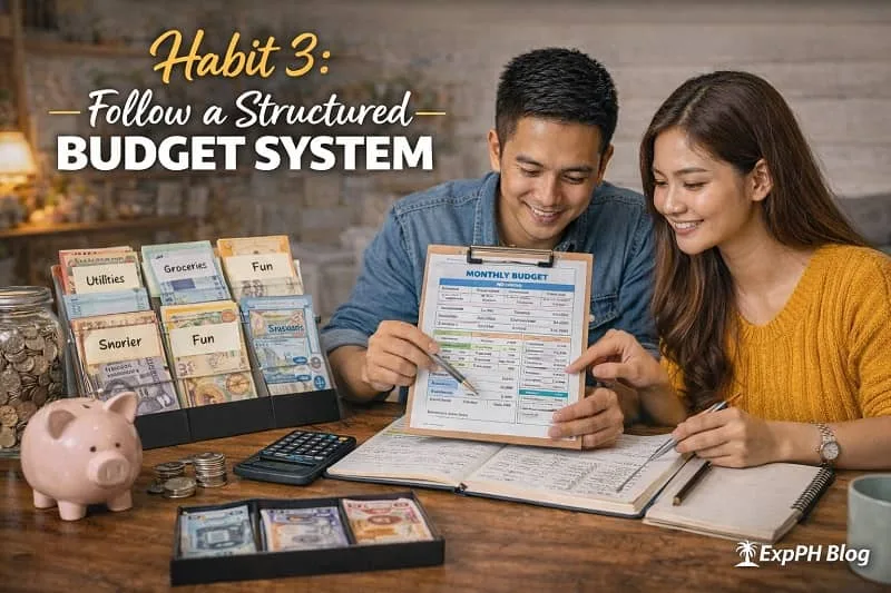 Filipino couple reviewing monthly budget worksheet with calculator, cash envelopes, and savings tracker at home