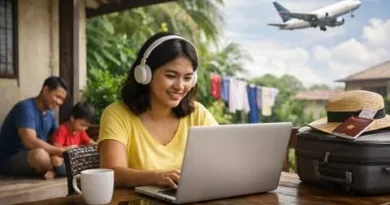 Filipina freelancer working on a laptop at home while family is nearby, symbolizing freelancing for OFWs as an alternative to overseas work