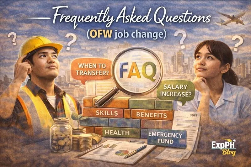 Filipino OFWs reviewing common questions about job change with checklist, question marks, and airport background