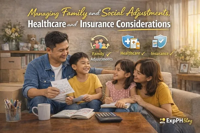 Filipino family discussing relocation plans at home with children, documents, calculator, and healthcare and insurance icons, ExpPH Blog logo