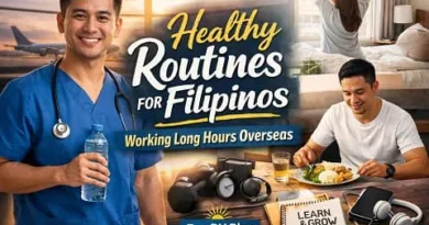 Healthy routines for Filipinos working long hours overseas, showing an OFW practicing self-care, proper meals, hydration, and rest with ExpPH Blog logo