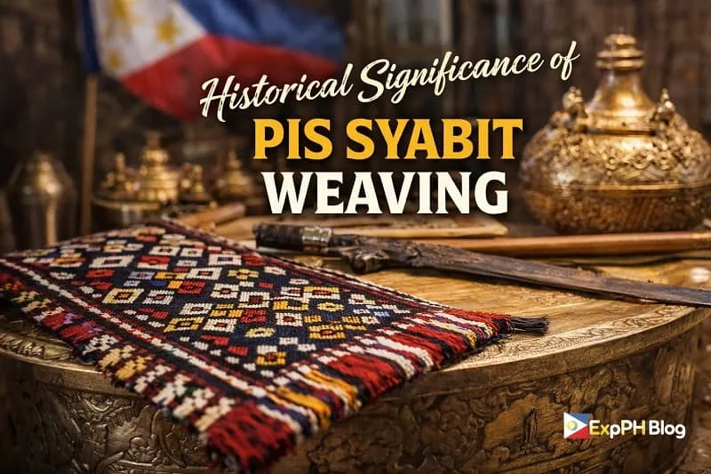 Traditional Pis Syabit woven fabric displayed with Tausug cultural artifacts showing the historical significance of Pis Syabit weaving in the Philippines