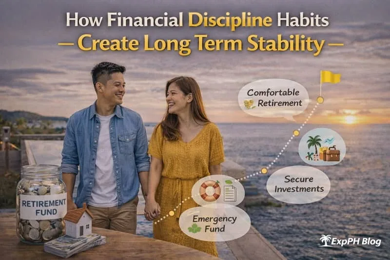 Young Filipino couple walking by the sea at sunset with retirement fund jar and financial stability icons