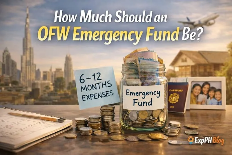 Filipino overseas worker emergency fund planning showing savings jar, passport, calendar, and family photo, explaining how much an OFW emergency fund should be with ExpPH Blog logo