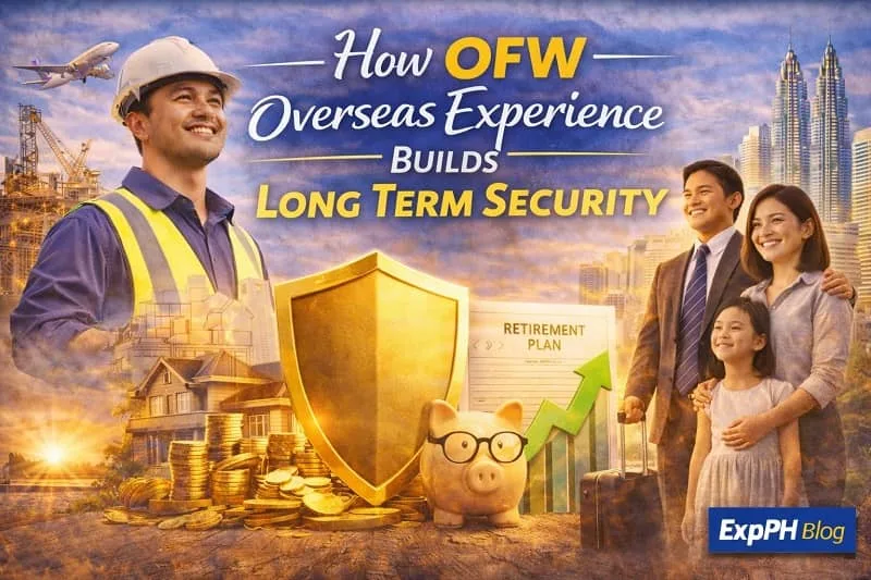 Filipino OFW with family symbolizing long term security built through overseas experience with ExpPH Blog logo