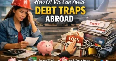 Filipino OFW reviewing bills and finances at an airport, showing how OFWs can avoid debt traps abroad, with ExpPH Blog logo visible
