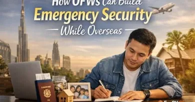 Overseas Filipino Worker planning emergency savings abroad with financial tools and suitcase, showing how OFWs can build emergency security overseas with ExpPH Blog logo