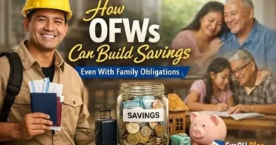 Overseas Filipino worker holding passport beside savings jar, piggy bank, and family at home, showing how OFWs can build savings while supporting family obligations