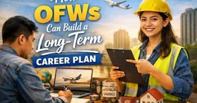Filipino OFWs planning long-term career growth with savings jar, passport, laptop, and construction worker reviewing goals with ExpPH Blog logo