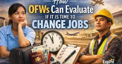 Filipino OFWs at an airport thinking about a job change, with luggage, passport, checklist, and airplane in the background for career decision concept