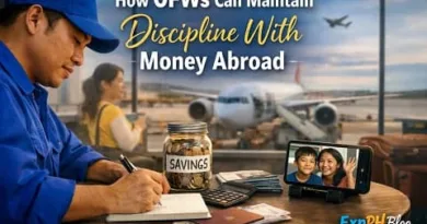 Filipino OFW managing savings at an airport table while video calling family, showing financial discipline abroad with ExpPH Blog logo