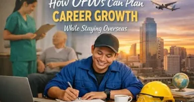 Filipino overseas worker planning career growth while working abroad, writing goals beside a laptop and work tools with ExpPH Blog logo