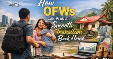 Filipino OFW returning home with suitcase hugging family, house and financial planning setup in background with ExpPH Blog logo