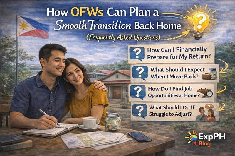 Filipino OFW couple reviewing OFW transition back home questions and checklist at home with ExpPH Blog logo