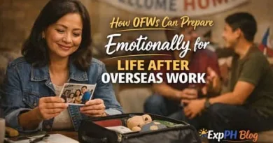 Filipina OFW looking at a family photo while preparing luggage at home symbolizing emotional preparation for life after overseas work