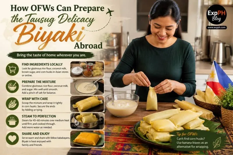 An OFW preparing traditional Tausug Biyaki in a modern kitchen abroad, showing step-by-step preparation with wrapped Biyaki, cooking ingredients, a Philippine flag, and the ExpPH Blog logo.