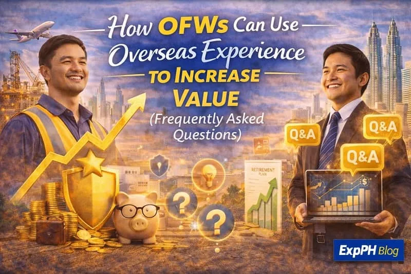 Filipino OFWs discussing overseas experience value with growth charts and Q&A icons and ExpPH Blog logo