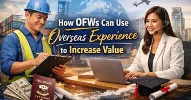 Filipino OFW construction worker and Filipina office professional representing career growth and skill development with ExpPH Blog logo.