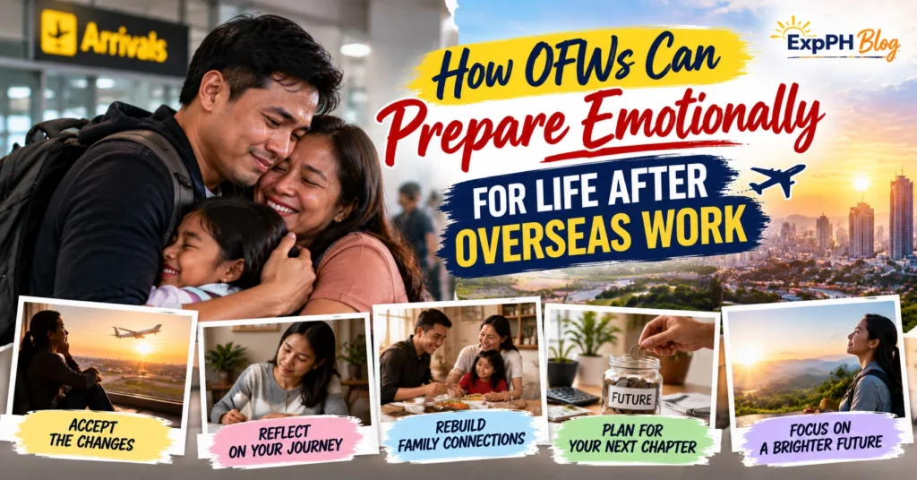 Filipino OFW reuniting with his wife and child at an airport, representing emotional preparation for returning home and adjusting to life after overseas work.