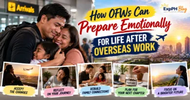 Filipino OFW reuniting with his wife and child at an airport, representing emotional preparation for returning home and adjusting to life after overseas work.