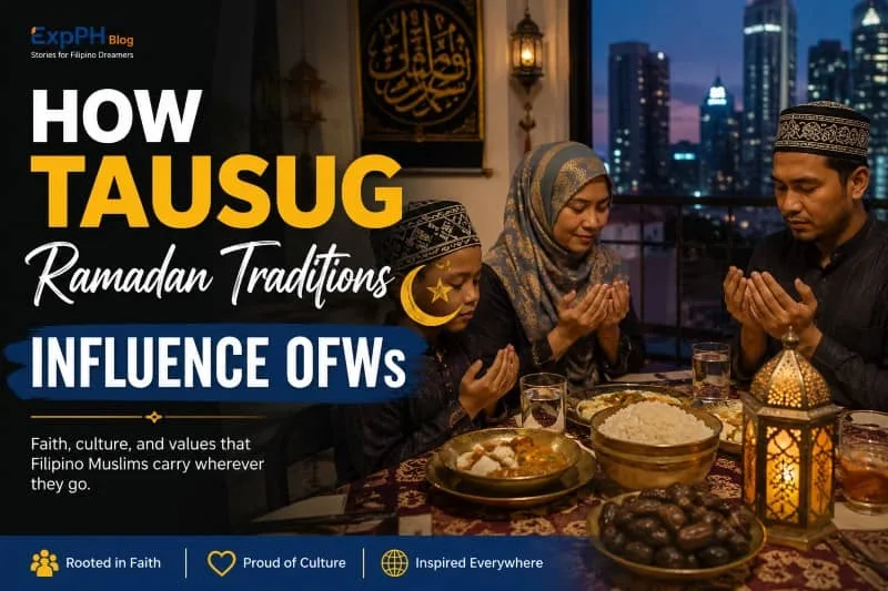Filipino Tausug Muslim family praying together during Ramadan while sharing iftar meal connected to OFW culture and traditions